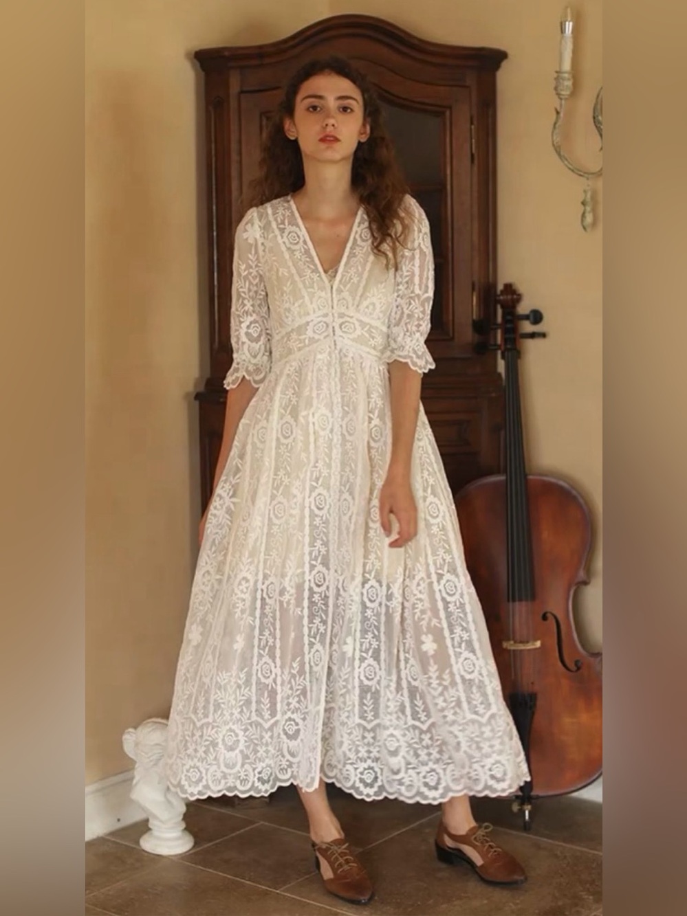 LIANERART White Lace Midi Dress with V-Neck